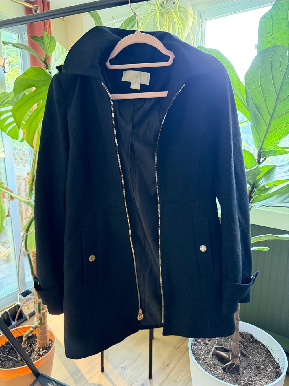 Michael Kors Black Zip-Front Pea Coat with Snap Pockets